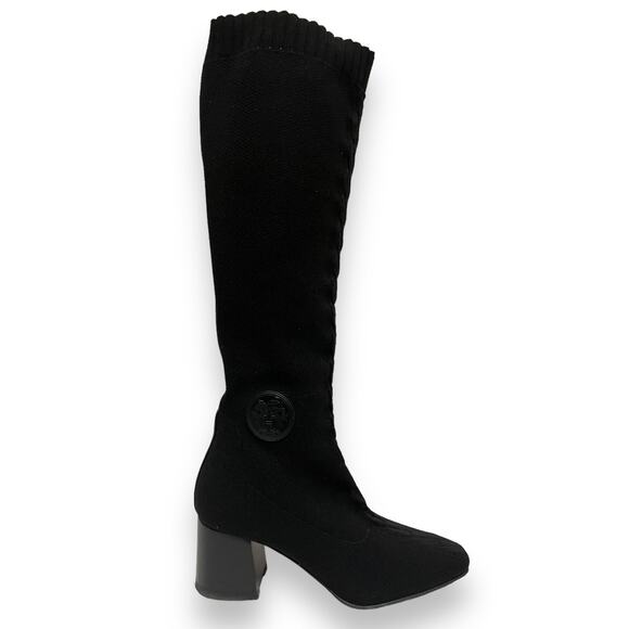 HERMES Black Knit Sock Braided Fontaine 60 Logo  Knee High Heeled Boots 38.5 - Picture 1 of 11